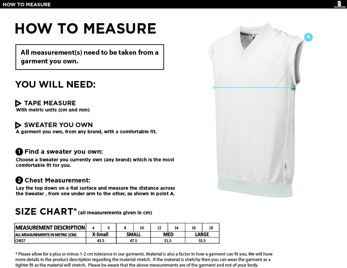 Cholsey CC Blast Sleeveless Women's Cricket Sweater - Size Guide