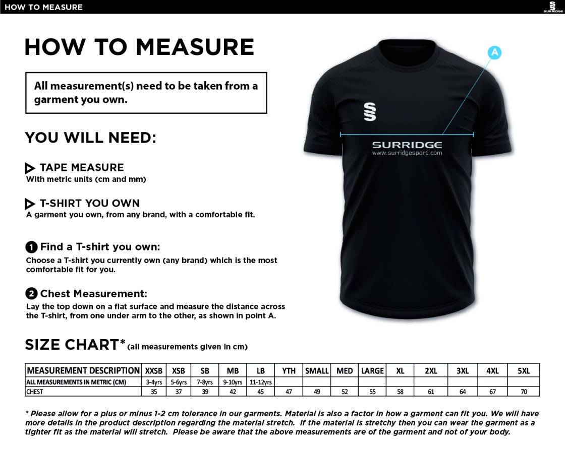 Cholsey CC - Blade Training Shirt - Size Guide