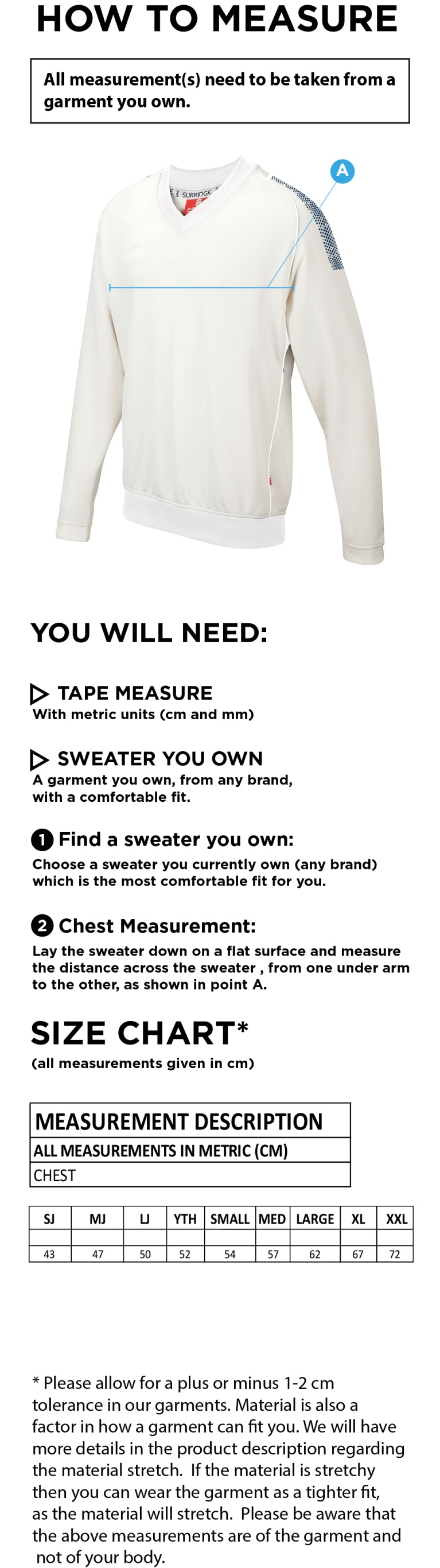 Cholsey CC - Curve Long Sleeved Sweater - Size Guide