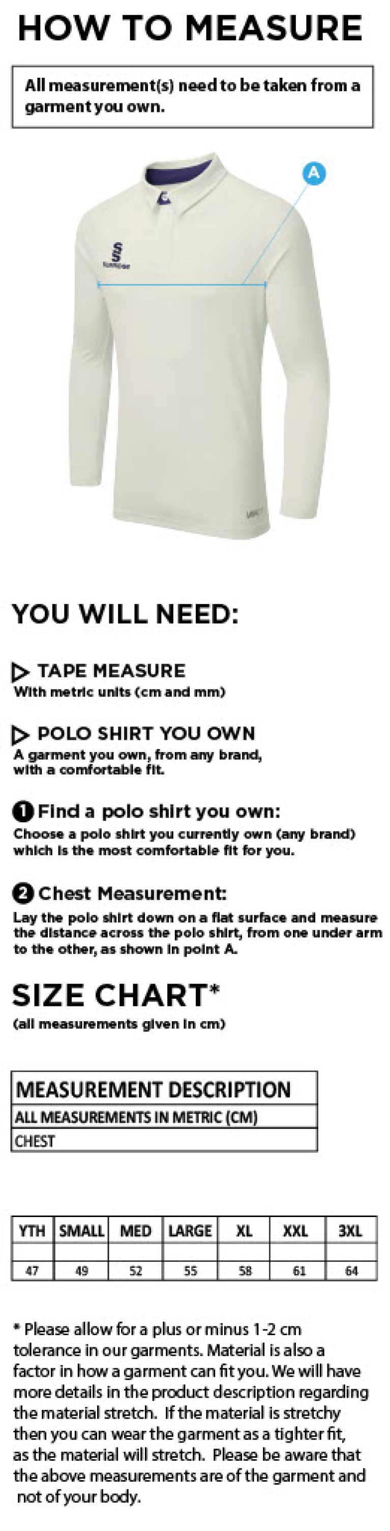 Cholsey CC - Ergo Long Sleeved Shirt - Size Guide