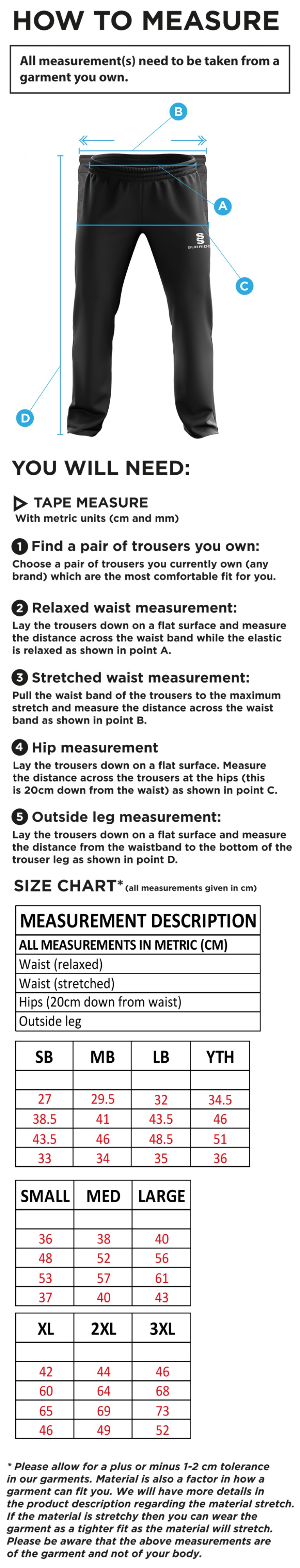Cholsey CC - Ripstop Track Pants - Size Guide