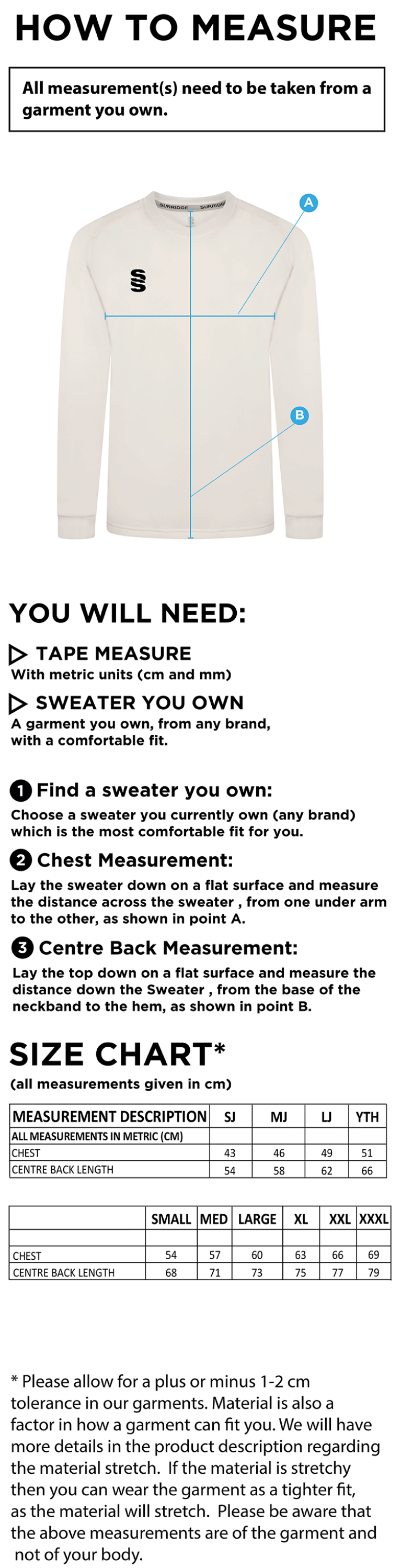 Cholsey CC Blast Long Sleeve Cricket Sweater - Size Guide
