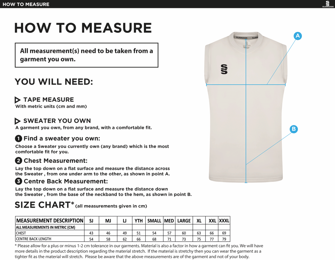 Cholsey CC Blast Sleeveless Cricket Sweater - Size Guide
