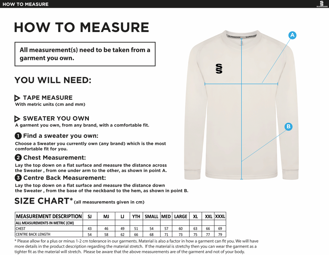 Cholsey CC Blast Long Sleeve Cricket Sweater - Size Guide