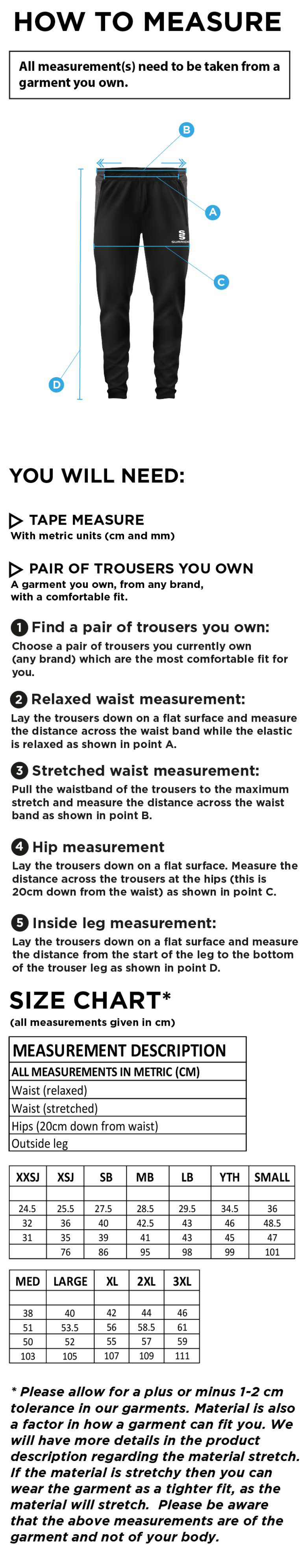 Cholsey CC - Tek Skinny Pants - Size Guide