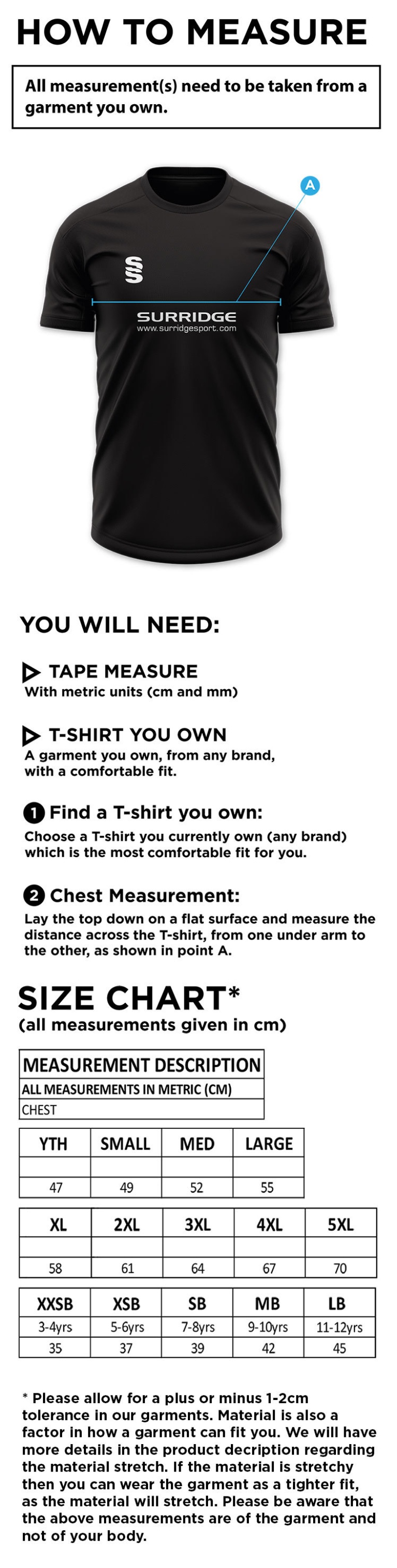 Cholsey CC - Blade Training Shirt - Size Guide