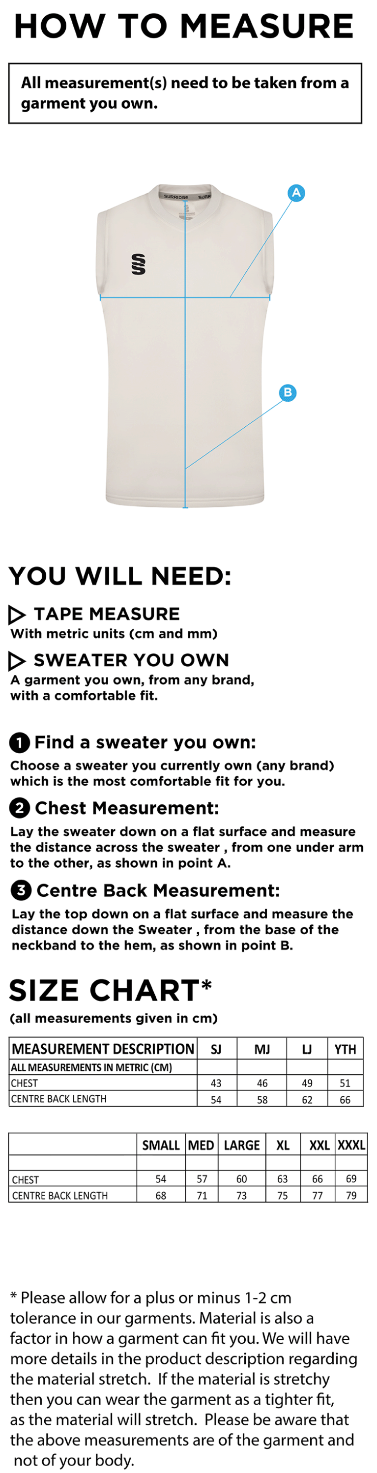 Cholsey CC Blast Sleeveless Cricket Sweater - Size Guide