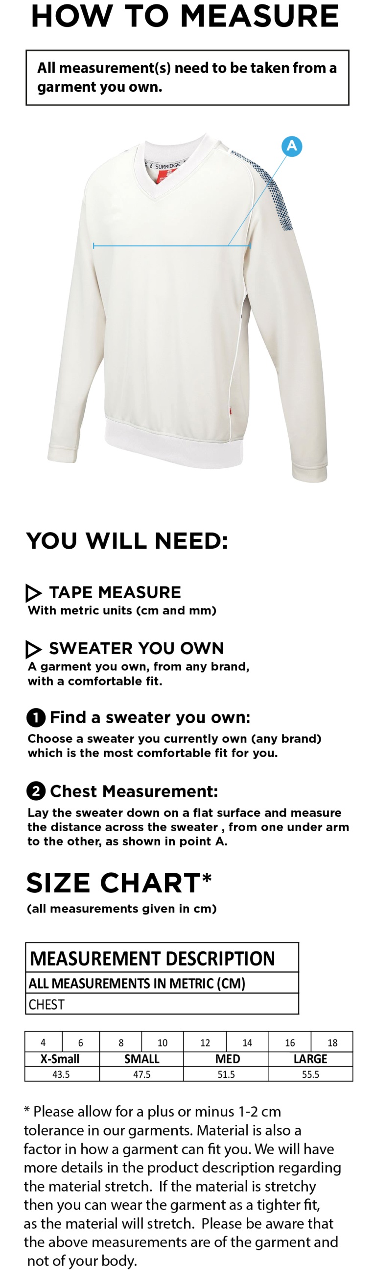 Cholsey CC Blast Long Sleeve Women's Cricket Sweater - Size Guide