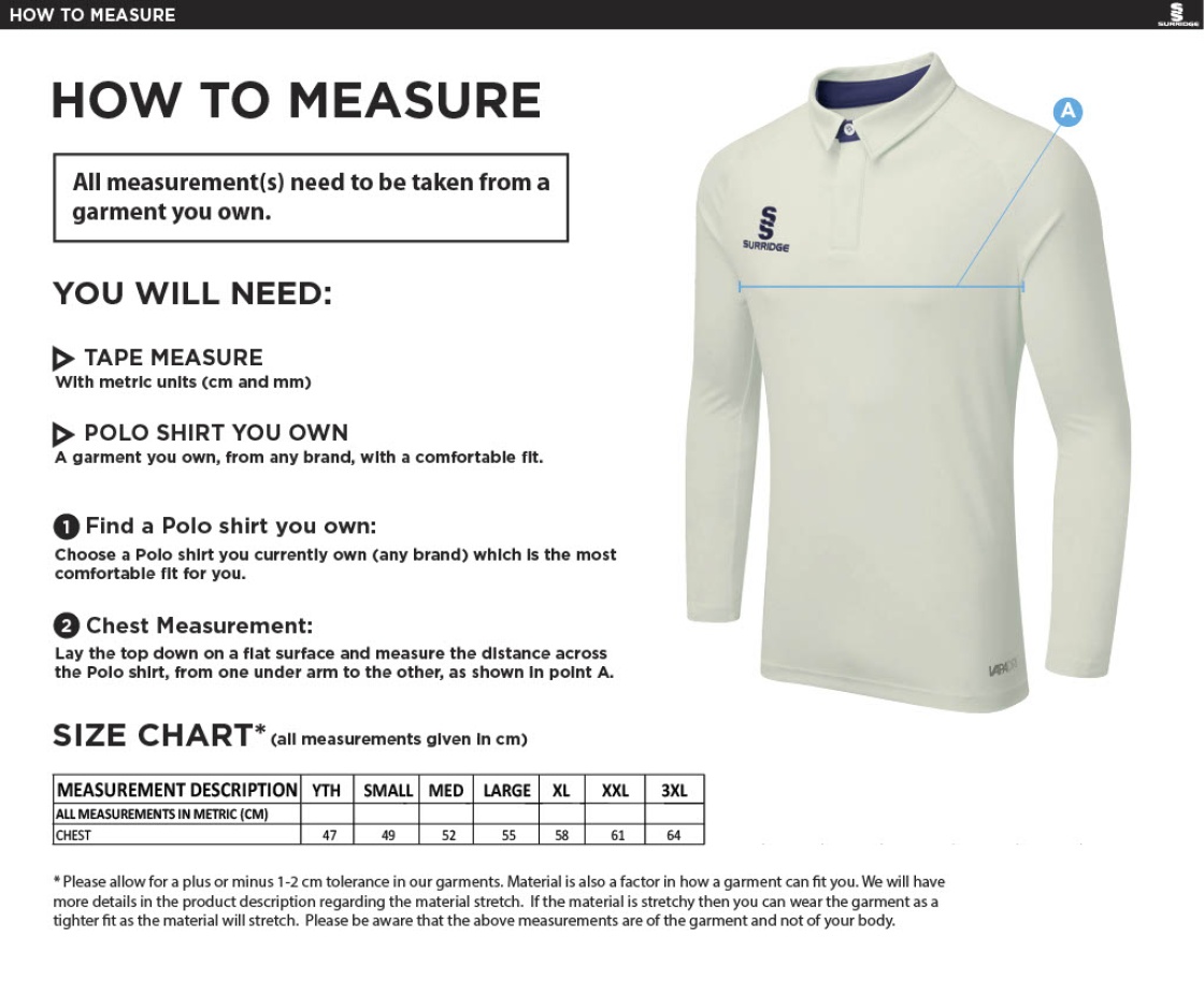 Cholsey CC - Ergo Long Sleeved Shirt - Size Guide