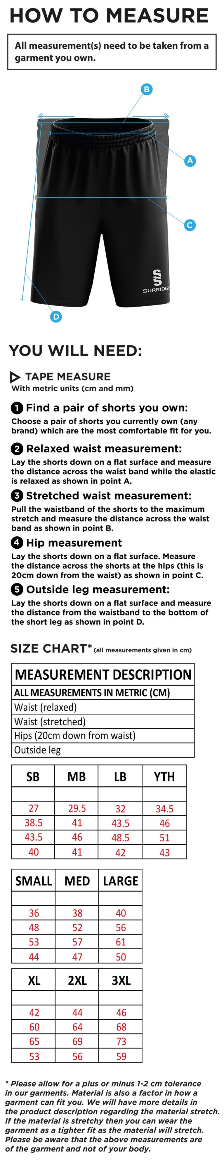 Cholsey CC - Blade Shorts - Size Guide