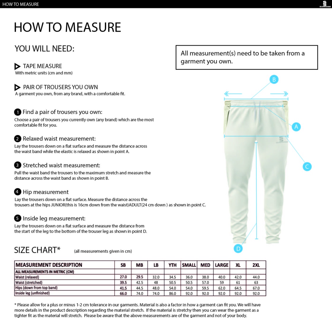 Cholsey CC - Tek Playing Pants - Size Guide