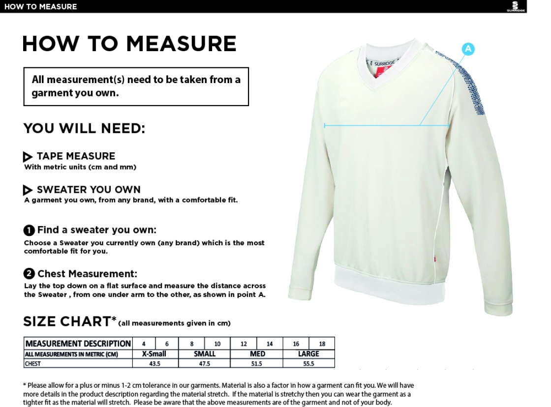 Cholsey CC Blast Long Sleeve Women's Cricket Sweater - Size Guide
