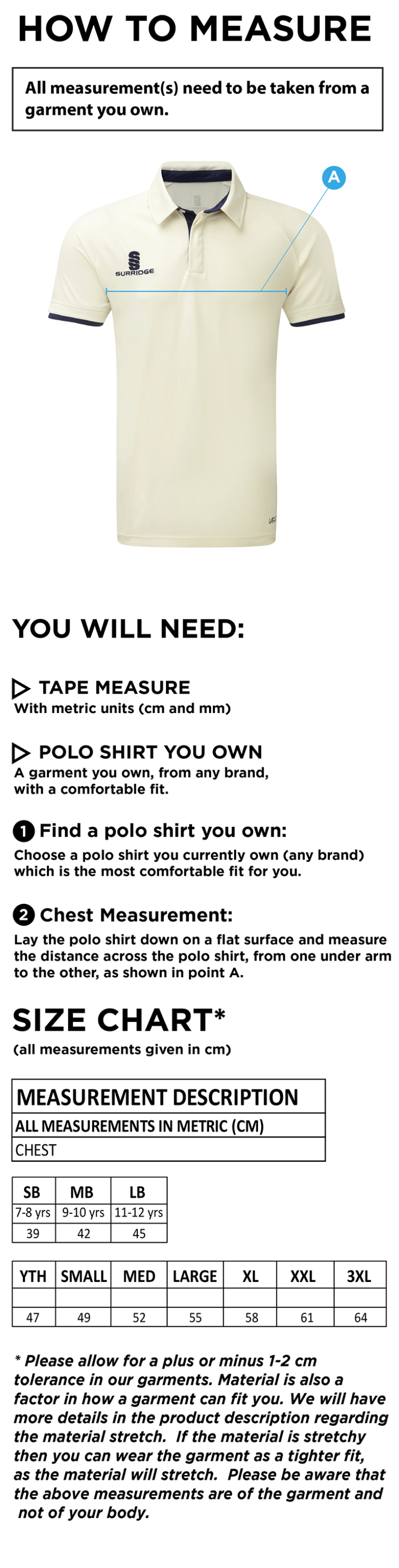 Cholsey CC - Ergo Short Sleeved Shirt - Size Guide