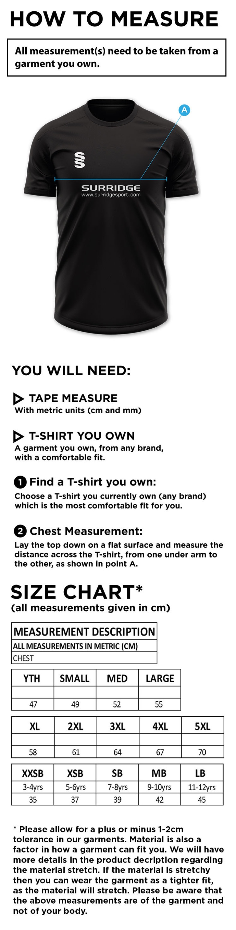 Cholsey CC - Blade Training Shirt - Size Guide