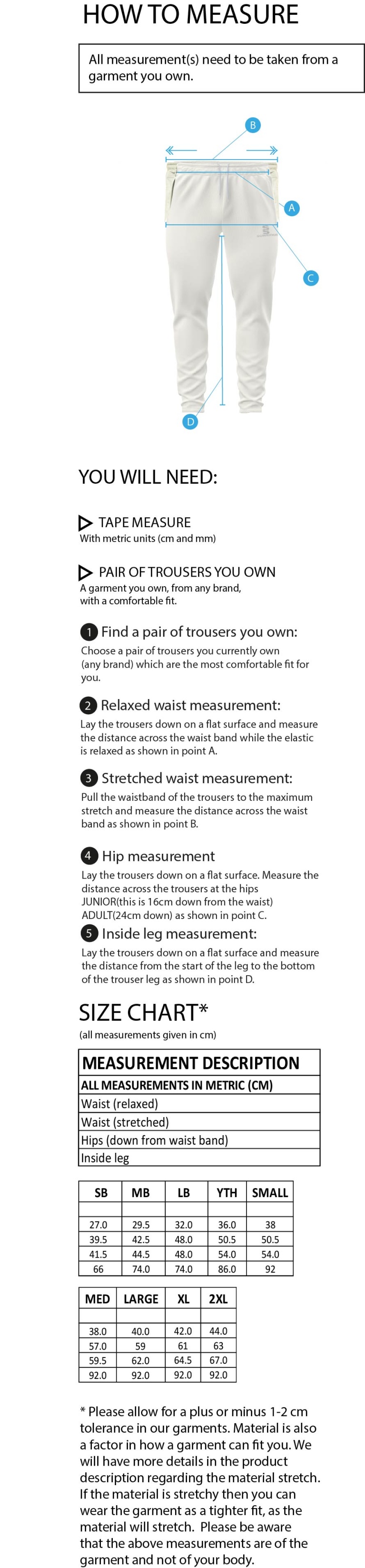 Cholsey CC - Tek Playing Pants - Size Guide