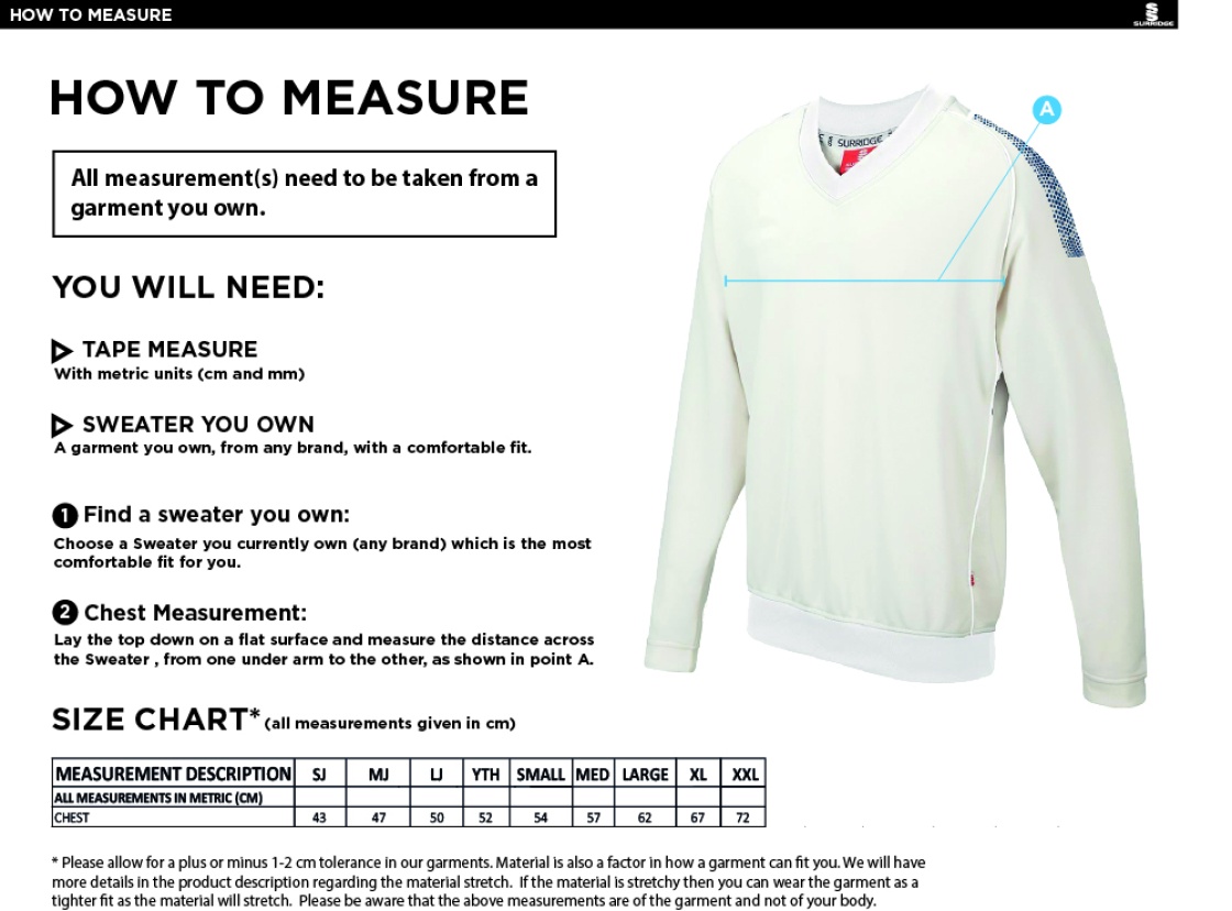 Cholsey CC - Curve Long Sleeved Sweater - Size Guide