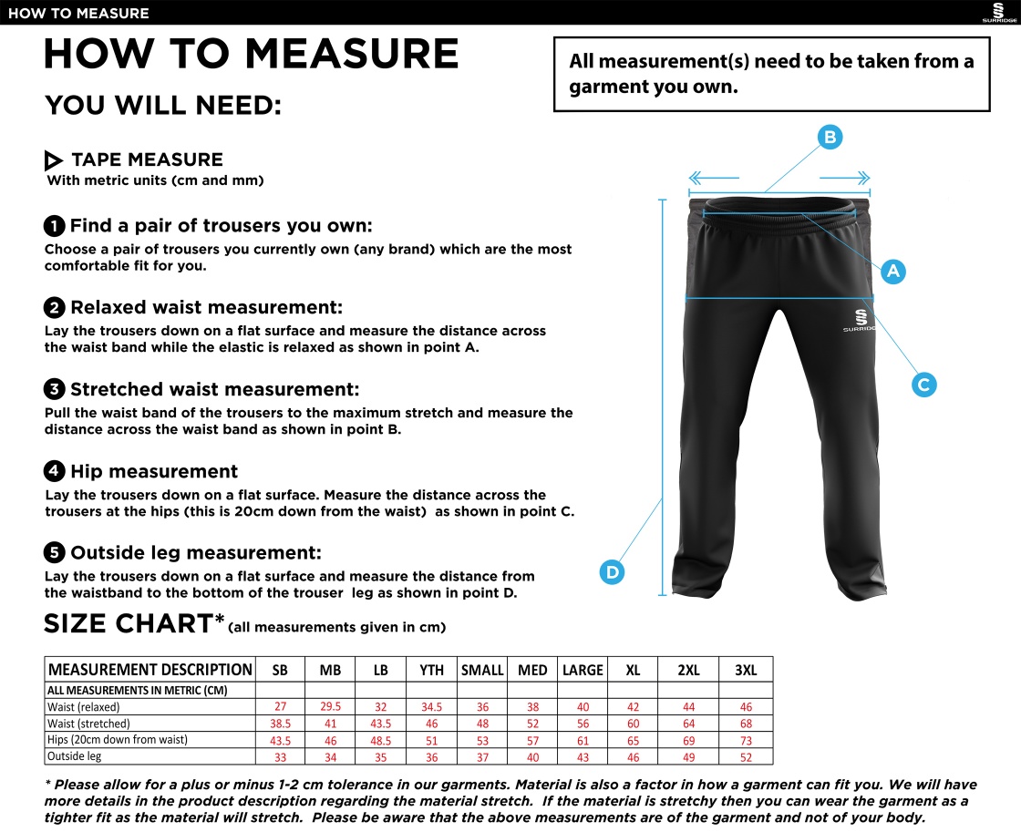 Cholsey CC - Ripstop Track Pants - Size Guide